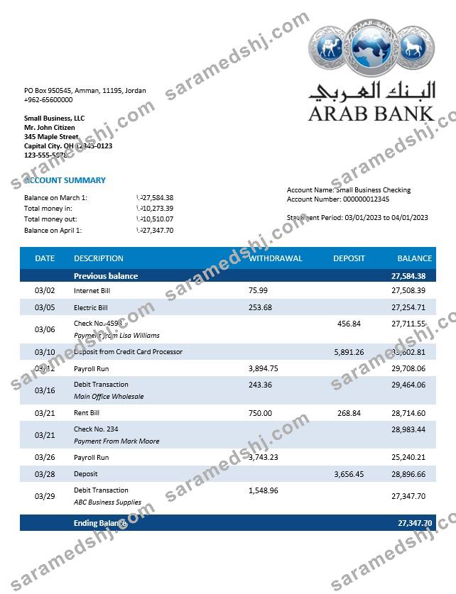 Oman Arab Bank company checking account statement Word and PDF template